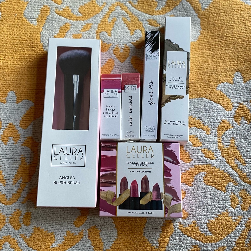 Laura Geller Italian Marble Lipstick, Glam Lash, Make It Double Eyeshadow, Brush